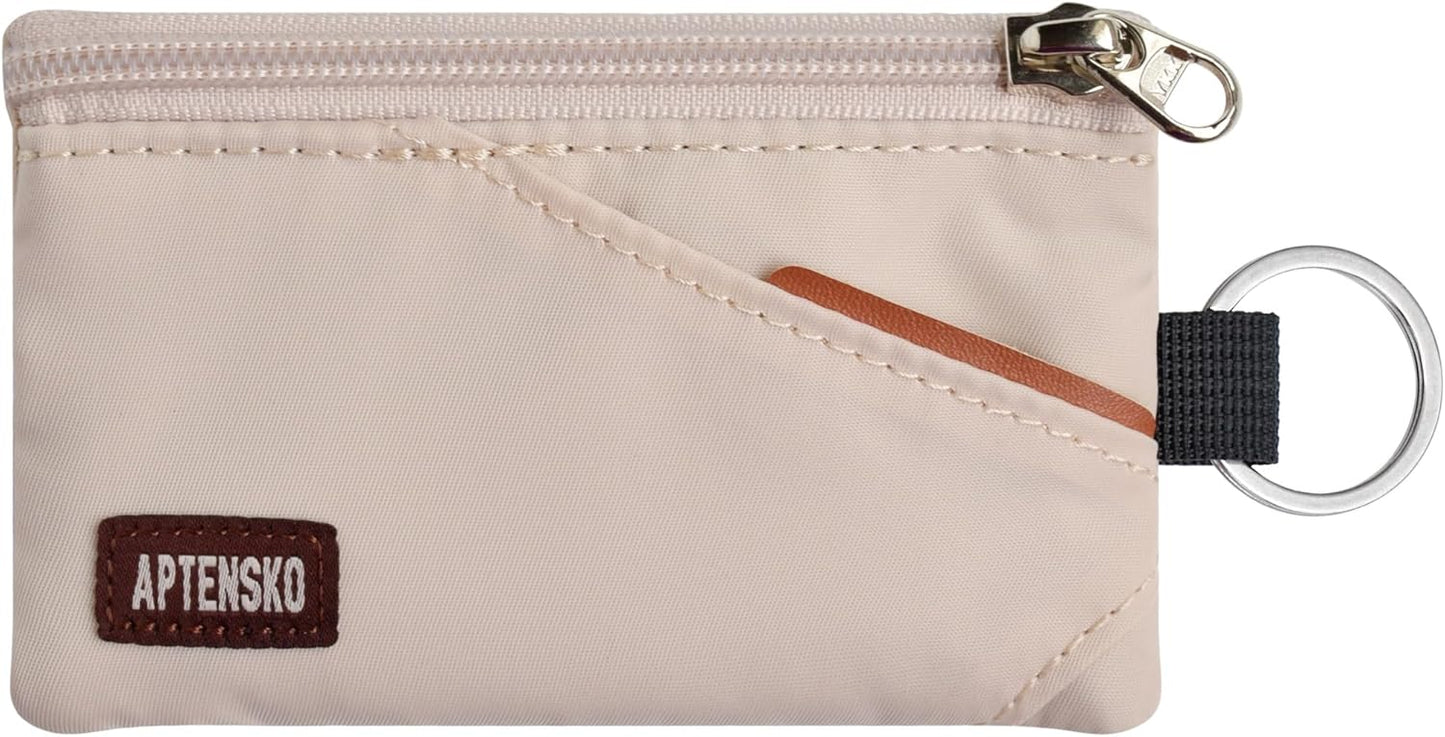 RFID Travel Wallet with Adjustable Lanyard-Zipper Small Wallet with ID Card Holder, Keychain for women&men-Minimalist Slim Waterproof Nylon case for ID, Cash, Key (Almond White)