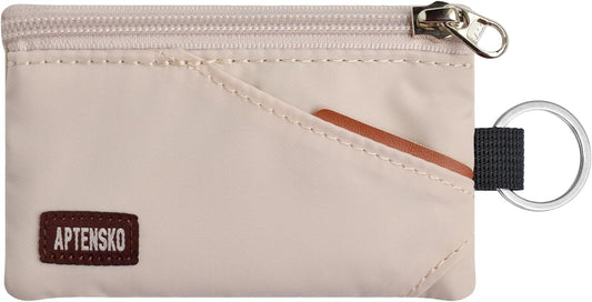 RFID Travel Wallet with Adjustable Lanyard-Zipper Small Wallet with ID Card Holder, Keychain for women&men-Minimalist Slim Waterproof Nylon case for ID, Cash, Key (Almond White)
