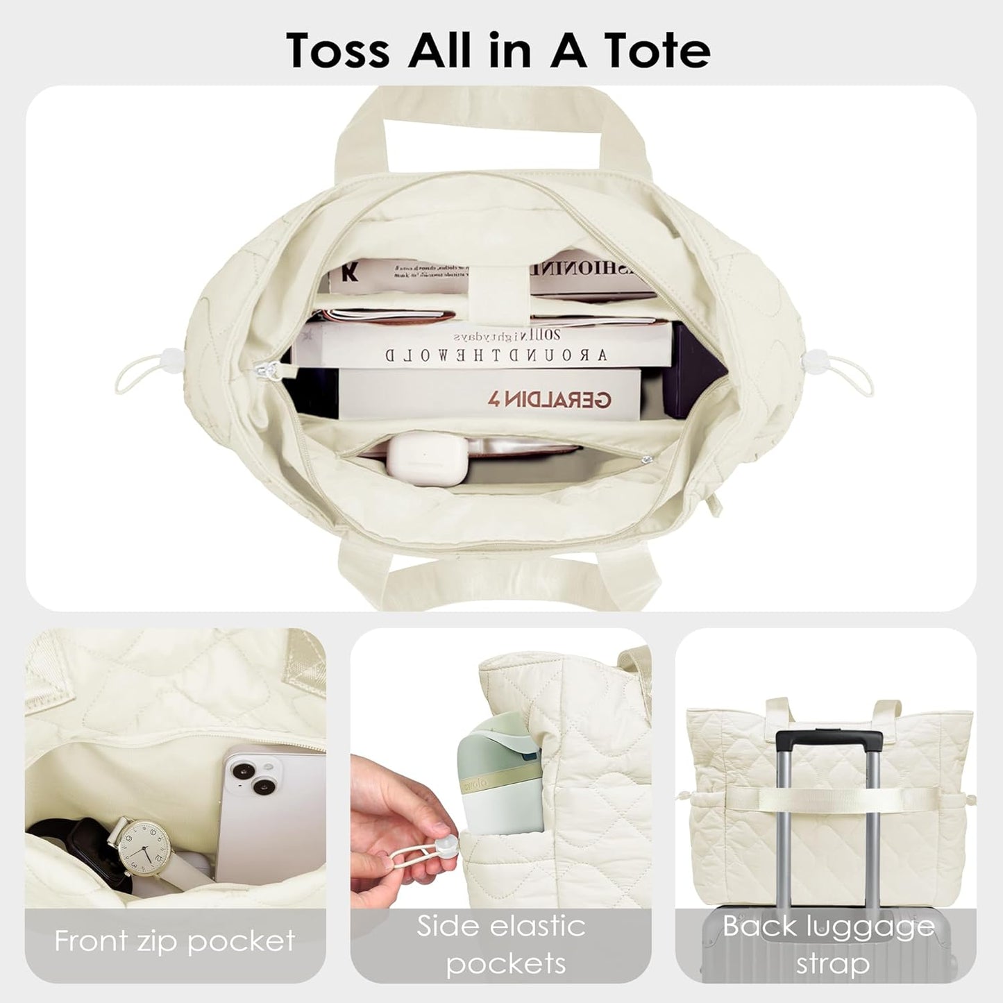 TOPEAST Tote Bag for Women Puffy Tote Travel Bag, Light 15.6" Laptop Work Handbag, Quilted Shoulder Bag Purse for Student Gym
