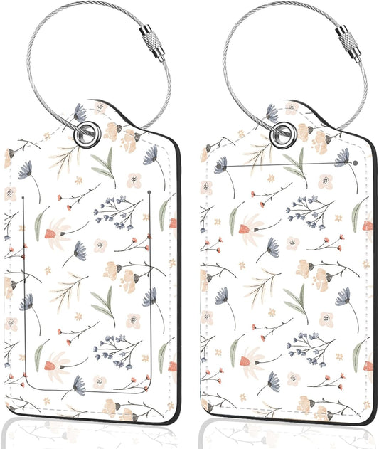2Pack Luggage Tags for Suitcases, Cute Unique Pu Leather Cruise Luggage Tag with Privacy Cover ID Label Address Card and Metal Ring Suitable for Women Men Kids Travel Bag White Flower 8
