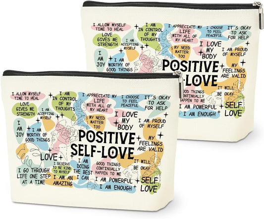2PCS Positive Affirmations Makeup Bag Self Love Gifts Mental Health Inspirational Gifts for Female Sister Coworker Birthday Friendship Mothers Day Nurse Day Travel Toiletry Cosmetic Bag