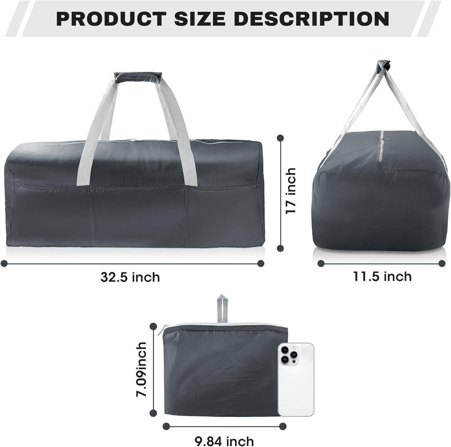 125L Foldable Duffel Bag, Lightweight and Waterproof for Travel - Grey