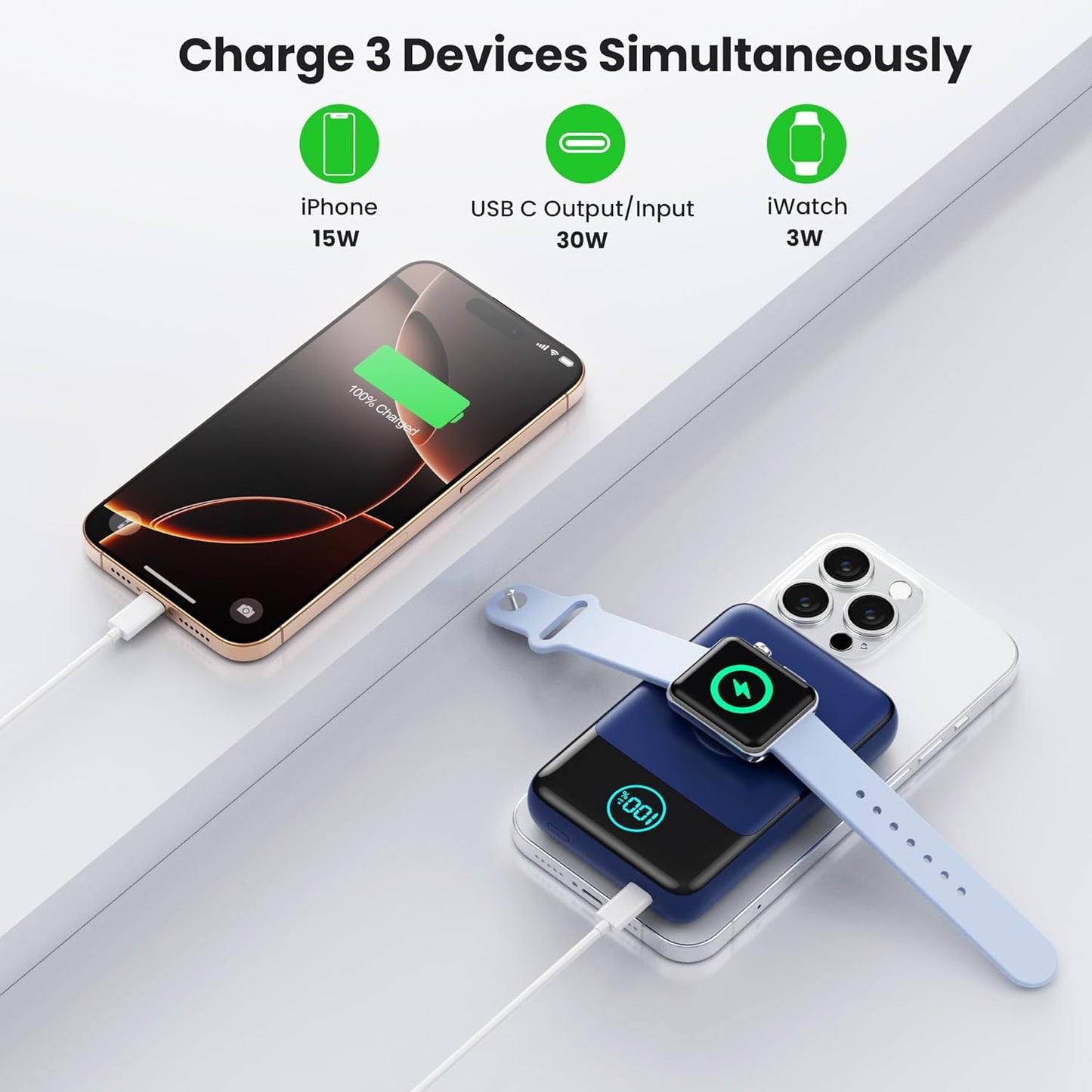 Magnetic Portable Charger for iPhone, 10800mAh Qi2 15W Wireless Power Bank with iWatch Charger,30W PD Fast Charging USB-C Travel Essentials Battery Pack for Magsafe,iPhone 17/16/15/14/13, Apple Watch