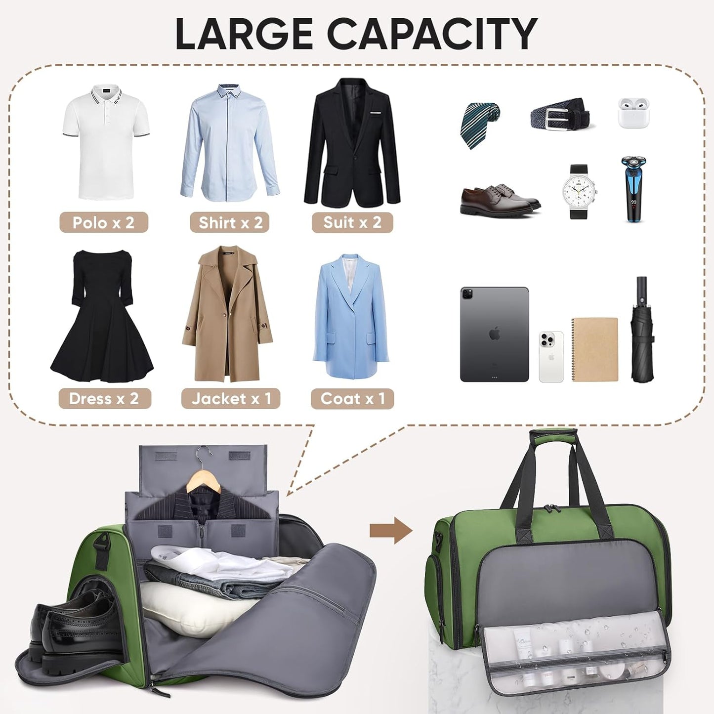 BALEINE Convertible Garment Bag with Shoe Compartment, 2 in 1 Carry on Garment Duffle Bags for Travel, Suit Bag for Men Women (Green)