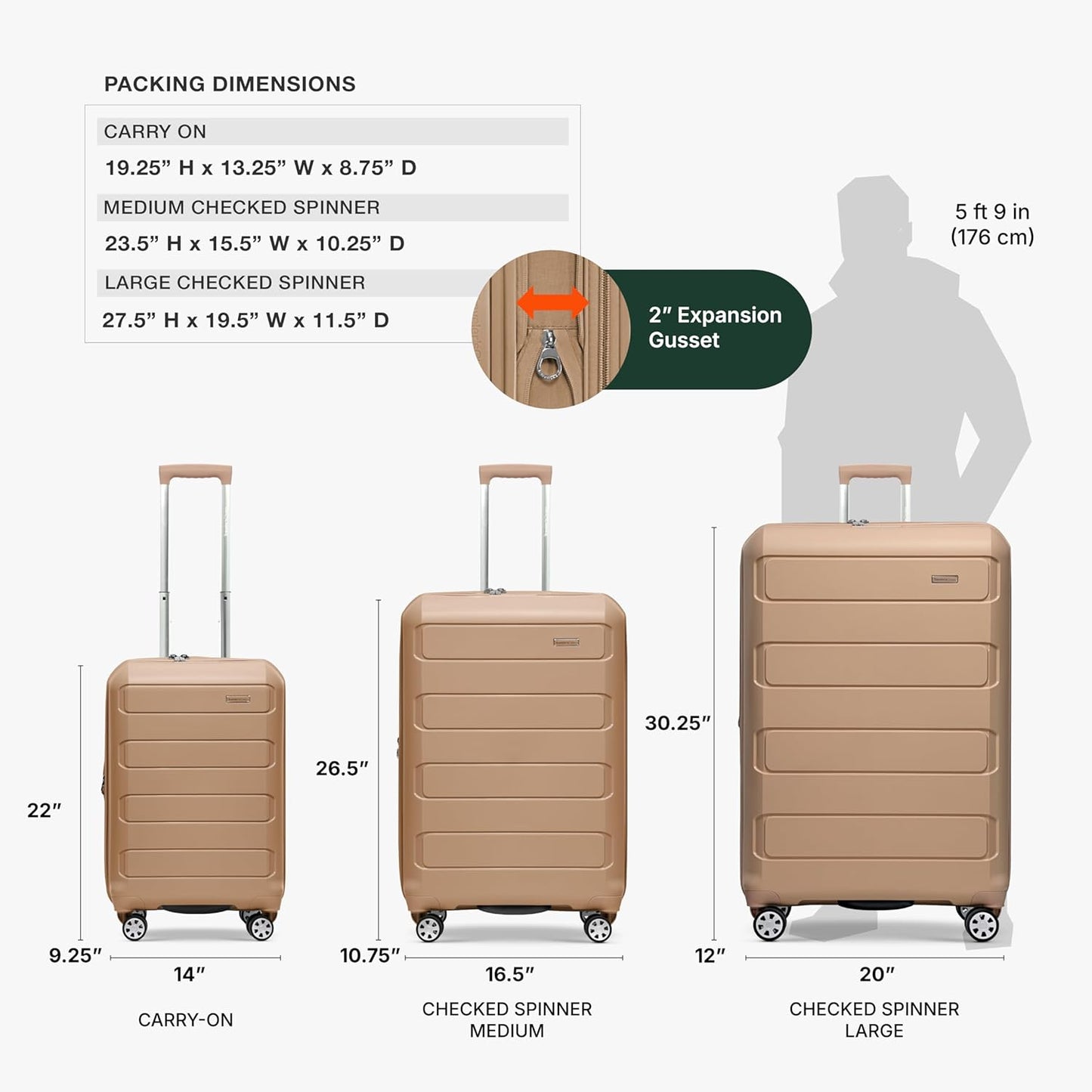 Traveler's Choice Pagosa Indestructible Hardshell Expandable Spinner Luggage, Latte Beige, 22-Inch Carry-on
