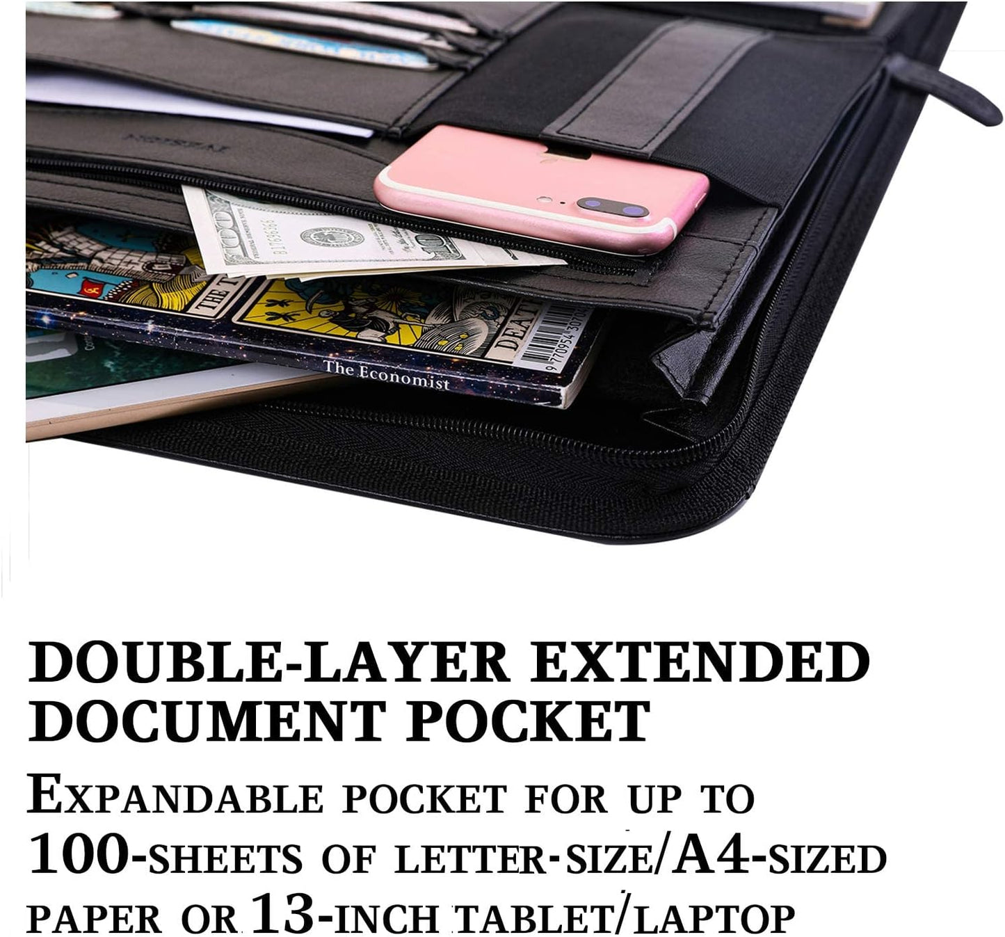 IVESIGN Zippered Padfolio for Women & Men Resume Portfolio Folder Vegan Leather Salesman Business Organizer Planner,with Writing Pad Interior 10.1 Inch Tablet Sleeve Black
