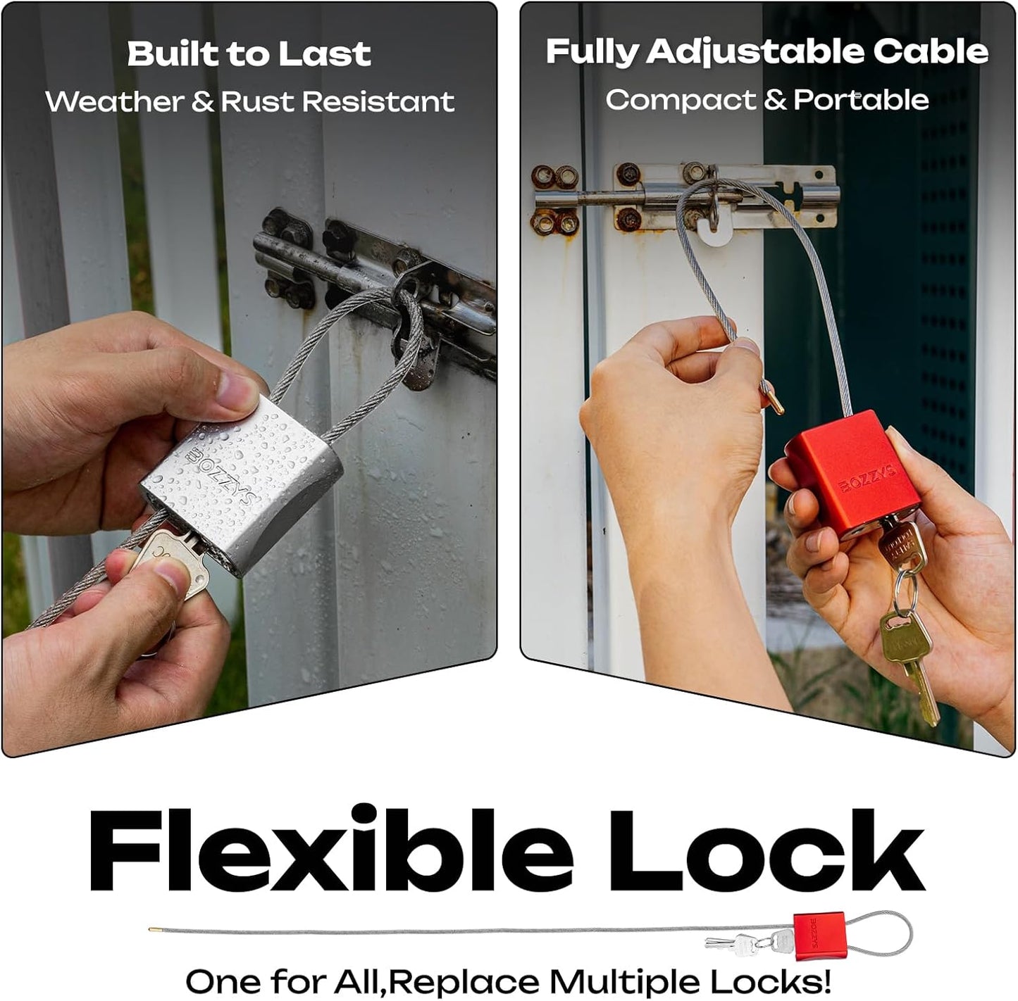 Cable Padlock with 3 Keys | L 1.15ft(0.35m),D 1/6in(4mm) Adjustable Steel Cable Lock | Aluminum Locks for Bikes, Gate, Lockers & Outdoor Gear | Weatherproof & Silver