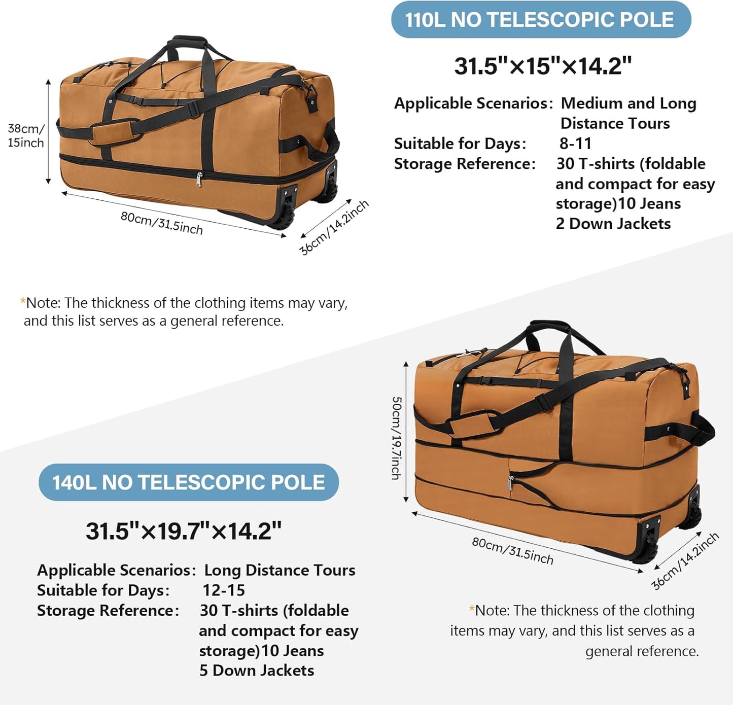 32” 1680D Oxford Foldable Duffle Bag with 2 Wheels,110L to 140L Expandable Soft Sided Rolling Travel Bag,Brown