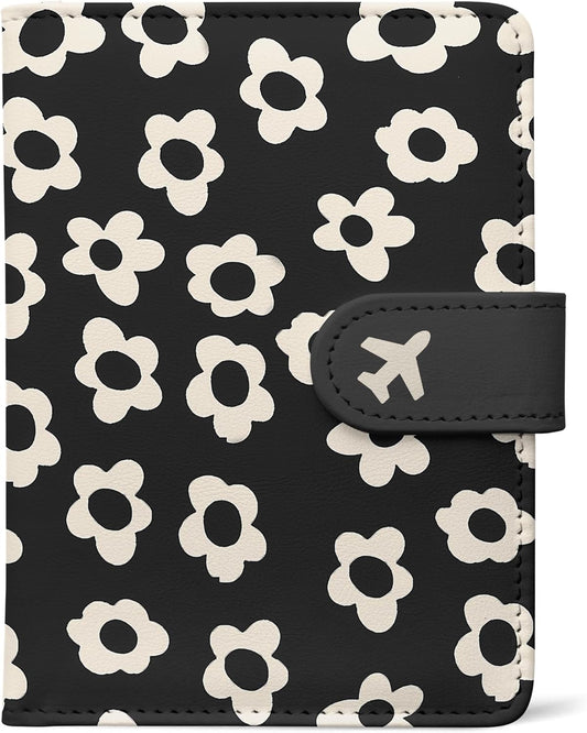 Passport Holder, Travel Wallet Cover with Pen Loop | Cute RFID Blocking Leather Case with Magnetic Closure for Travel Essentials-Flower