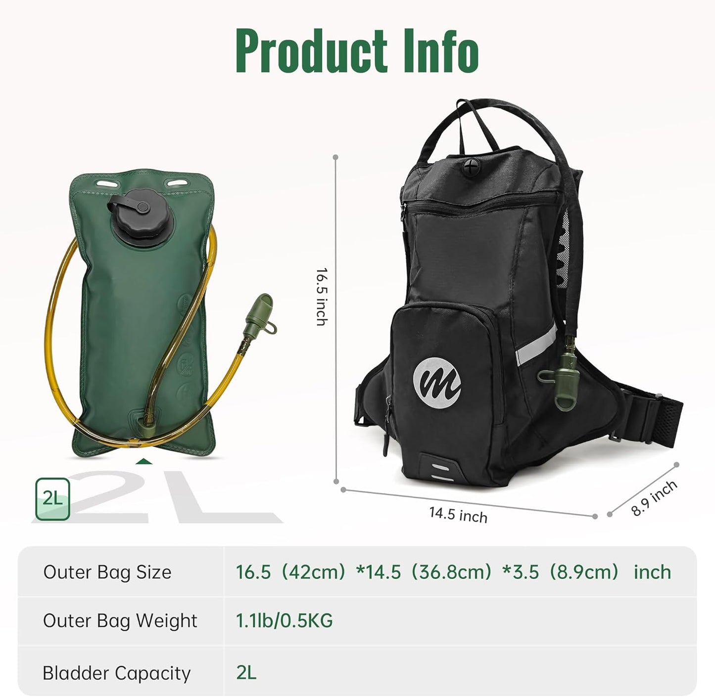 Moman Hydration Backpack with 2L Water Bladder, 600D PU Durable Hiking Backpack, Adjustable Strap & Removable Tool Pouch for Hiking/Running/Cycling/Music Festival/Rave for Men Women
