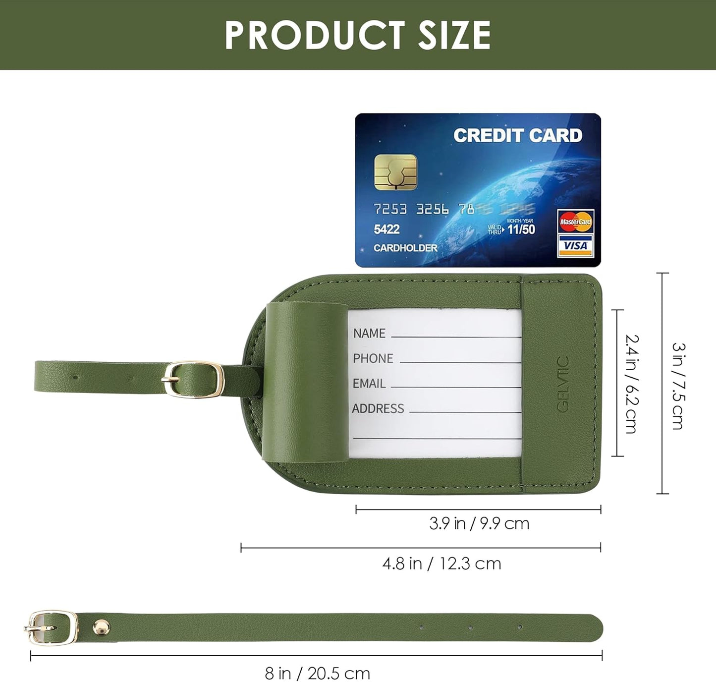 Faux Leather Luggage Tags for Suitcase Tag Set Privacy Protection with Identifie Name Lable ID Card Baggage tag for Men Women Travel Accessories, 2/4 Pack (LT06-Green*4)