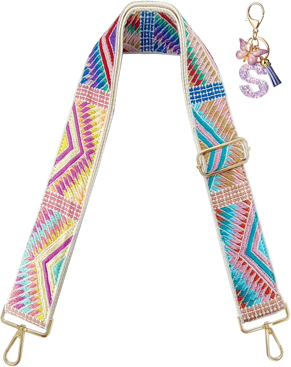 Embroidery Flower Purse Strap Replacement Crossbody 2 Inch Wide with Letter S Keychain for Women's Handbags