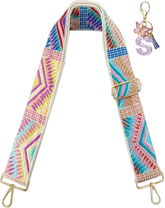 Embroidery Flower Purse Strap Replacement Crossbody 2 Inch Wide with Letter S Keychain for Women's Handbags