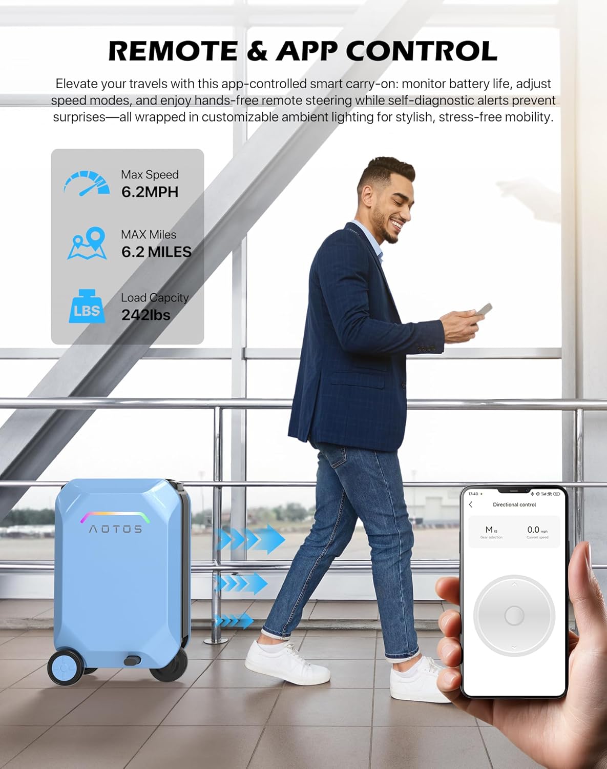 Smart Rideable luggage-Roller carry-on luggage 22x14x9-TSA, Airline-Approved 22 inch Hardshell,Zipperless Travel Suitcase with Rolling WheelsApp Control -Cabin Suitcase for Airport Travel(Blue)