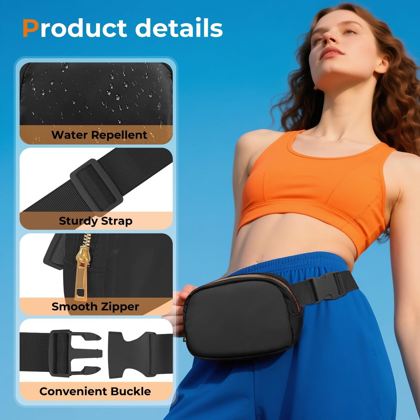 Belt Bag Zipper Fanny Pack Crossbody Bags for Women,Fashion Nylon Waist Packs, Water Repellent Two Way wear with Adjustable Strap Gifts for Teenage Girls Women Men(Black)