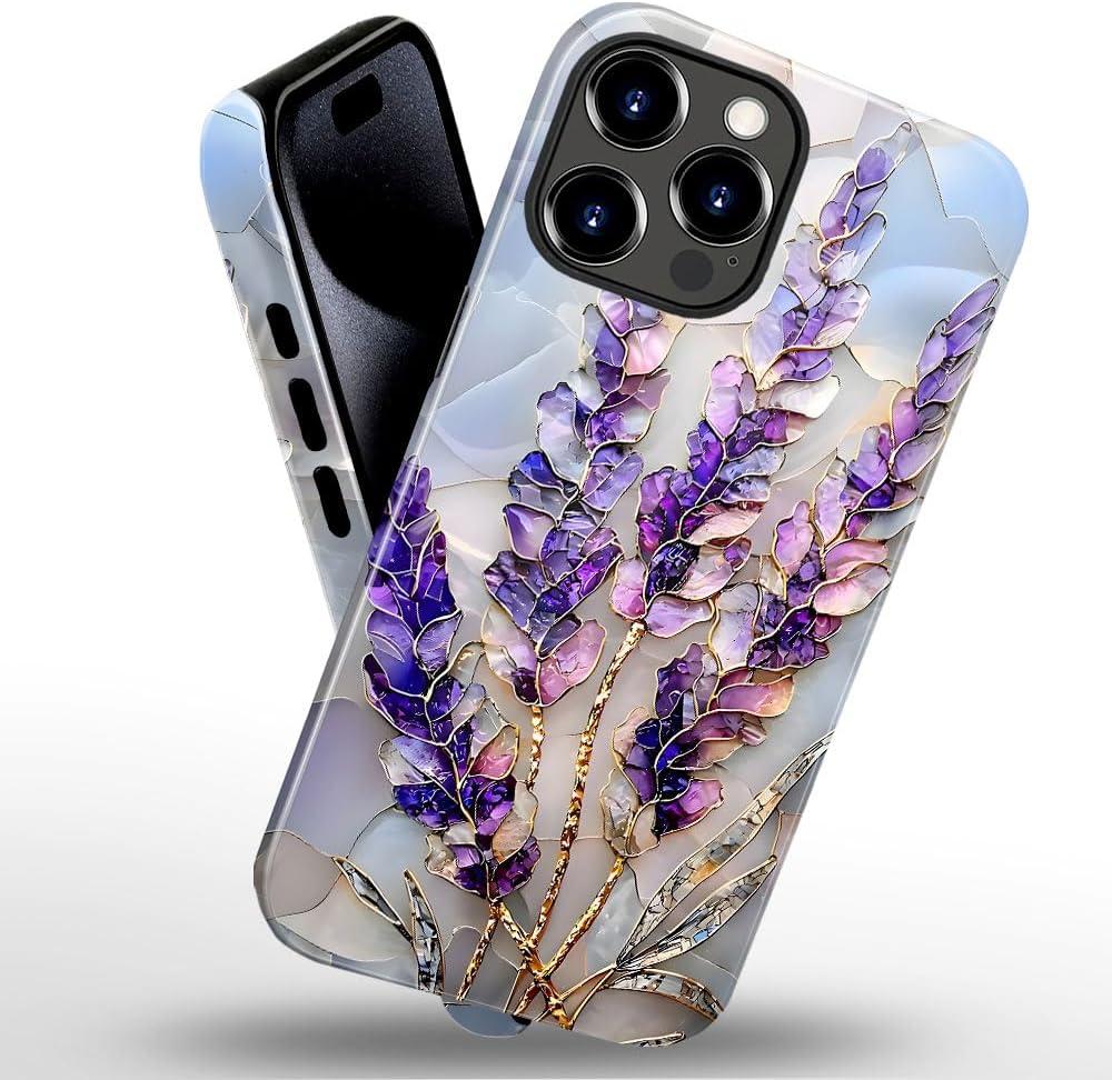 Case for iPhone 14 Pro - Slim Fit Anti-Scratch Phone Case for Girl Women - Lavender Stained Glass Purple Floral (Glossy)