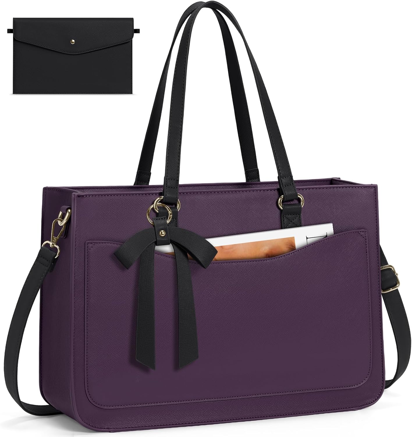 RAINSMORE Laptop Bag for Women 15.6 Inch Work Tote Bags Leather Laptop Tote Waterproof Computer Bag Professional Office Briefcase Large Handbag for College Teacher Travel,Purple and Black