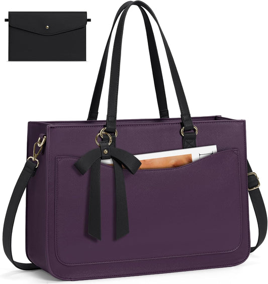 RAINSMORE Laptop Bag for Women 15.6 Inch Work Tote Bags Leather Laptop Tote Waterproof Computer Bag Professional Office Briefcase Large Handbag for College Teacher Travel,Purple and Black