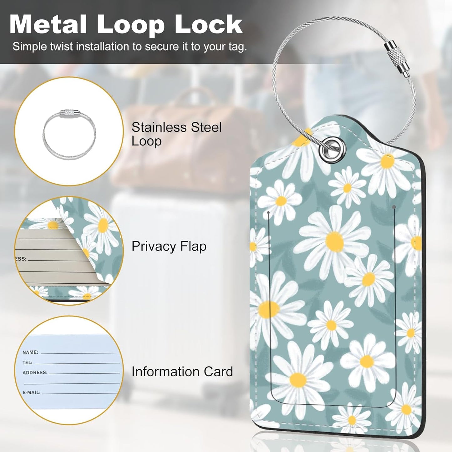 2Pack Luggage Tags for Suitcases, Cute Unique Pu Leather Cruise Luggage Tag with Privacy Cover ID Label Address Card and Metal Ring Suitable for Women Men Kids Travel Bag White Flowers 2