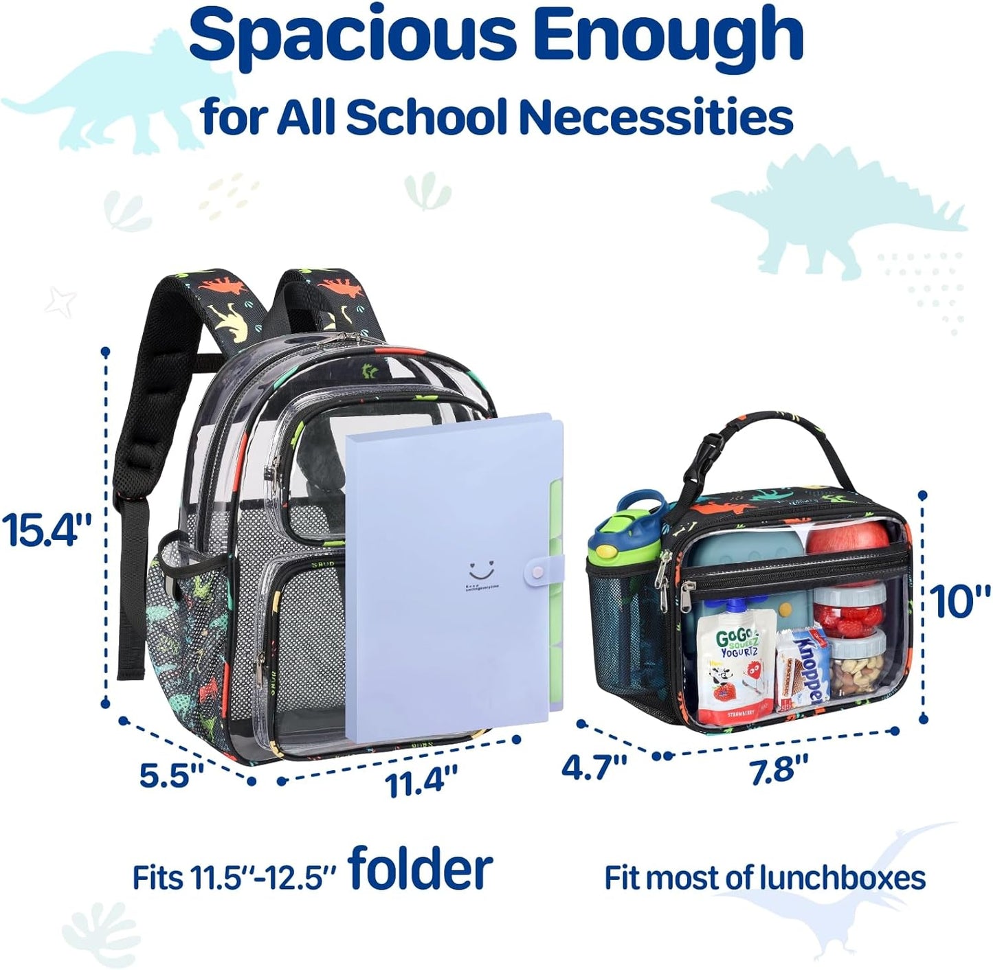 Bagseri Clear Backpack for Boys - 15 Inch Kids Backpack With Lunch Bag, Heavy Duty Bookbag for School, See Through Transparent for Kids Aged 3 to 8, Black Dinosaur
