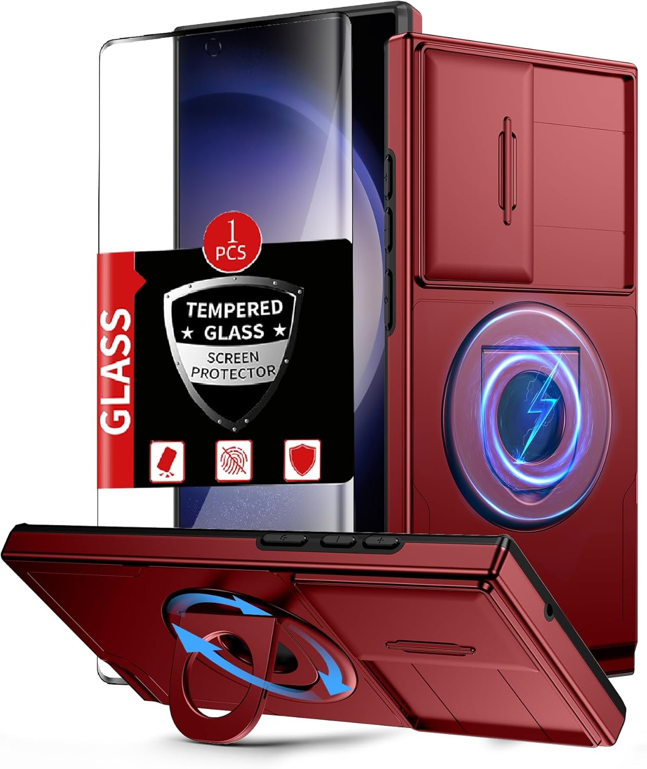 for Samsung Galaxy S22 Ultra Case Magnetic Compatible with MagSafe Wireless Charging,with Screen Protector,Built-in Stand Ring+Camera Cover Anti-Scratch Shockproof Heavy Duty Protection Red