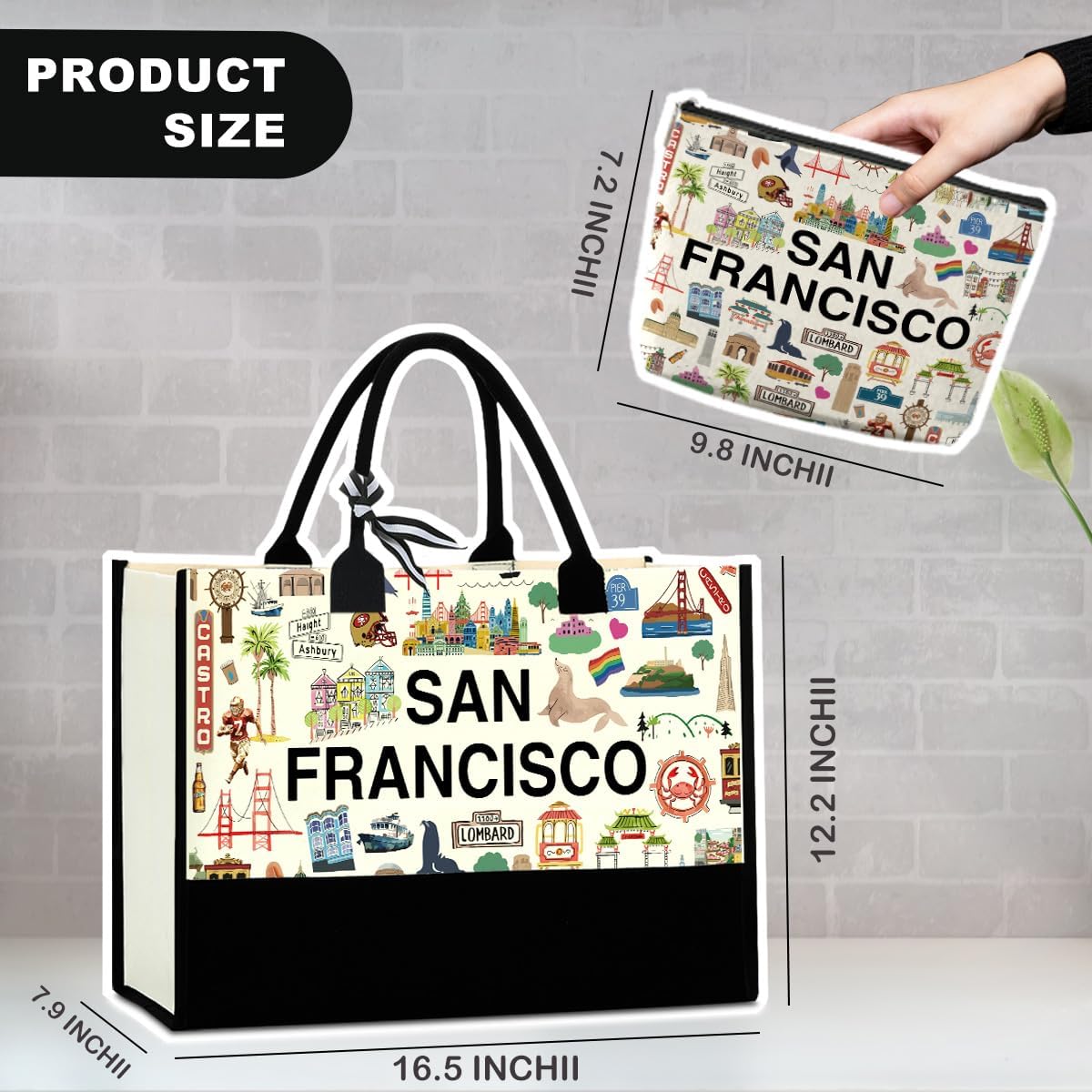 Boston Dallas Washington DC San Francisco Los Angeles China Travel Tote Bag Makeup Bag Set