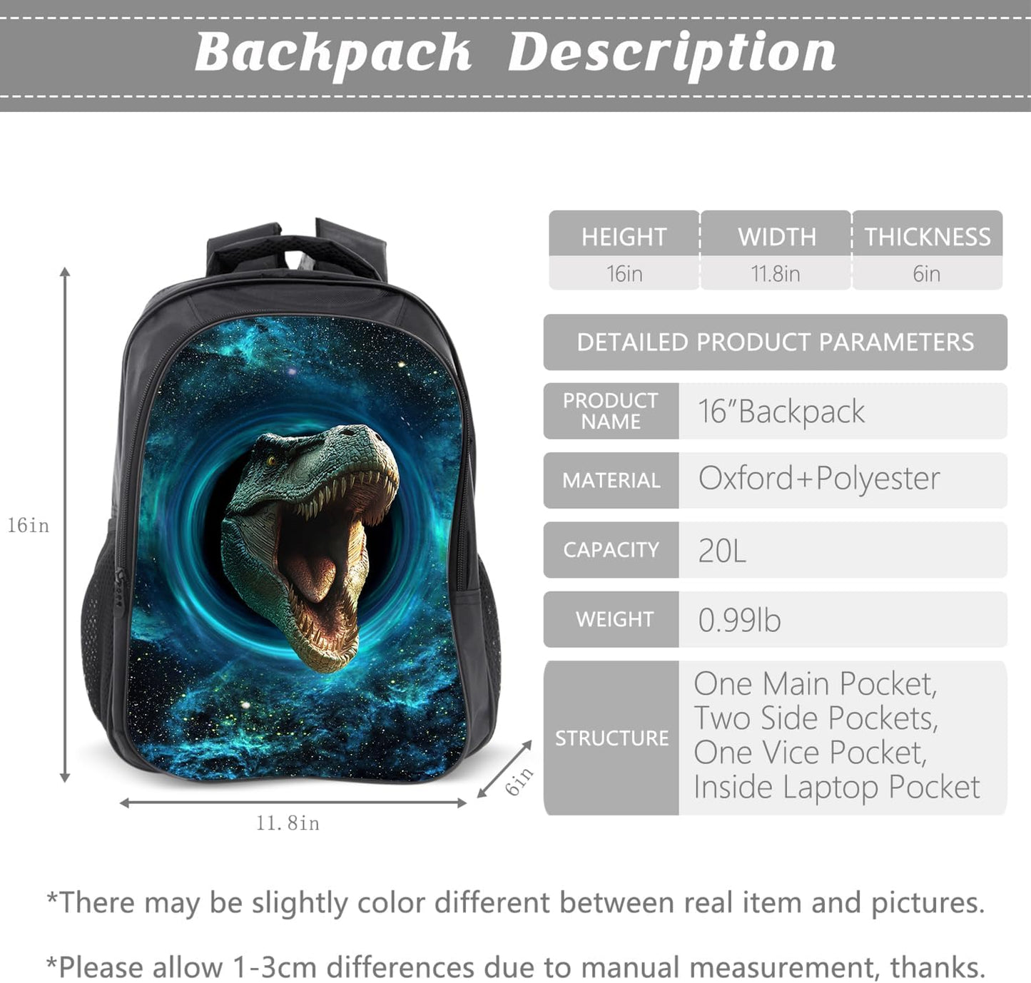 Dinosaur Backpack Kids Space Bookbag 16inch Schoolbag With Lunch Box Bag And Pencil Case Set For Boys Girls