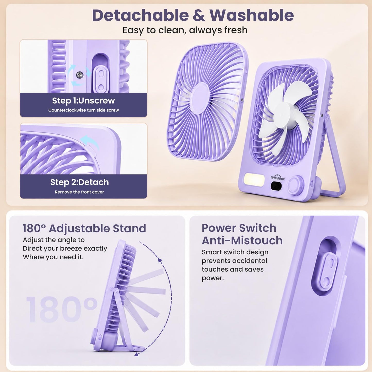 WHATOOK 10000mAh Battery Powered Fan Up to 40H Runtime, Ultra-Slim 8-Inch Portable Travel Fan with