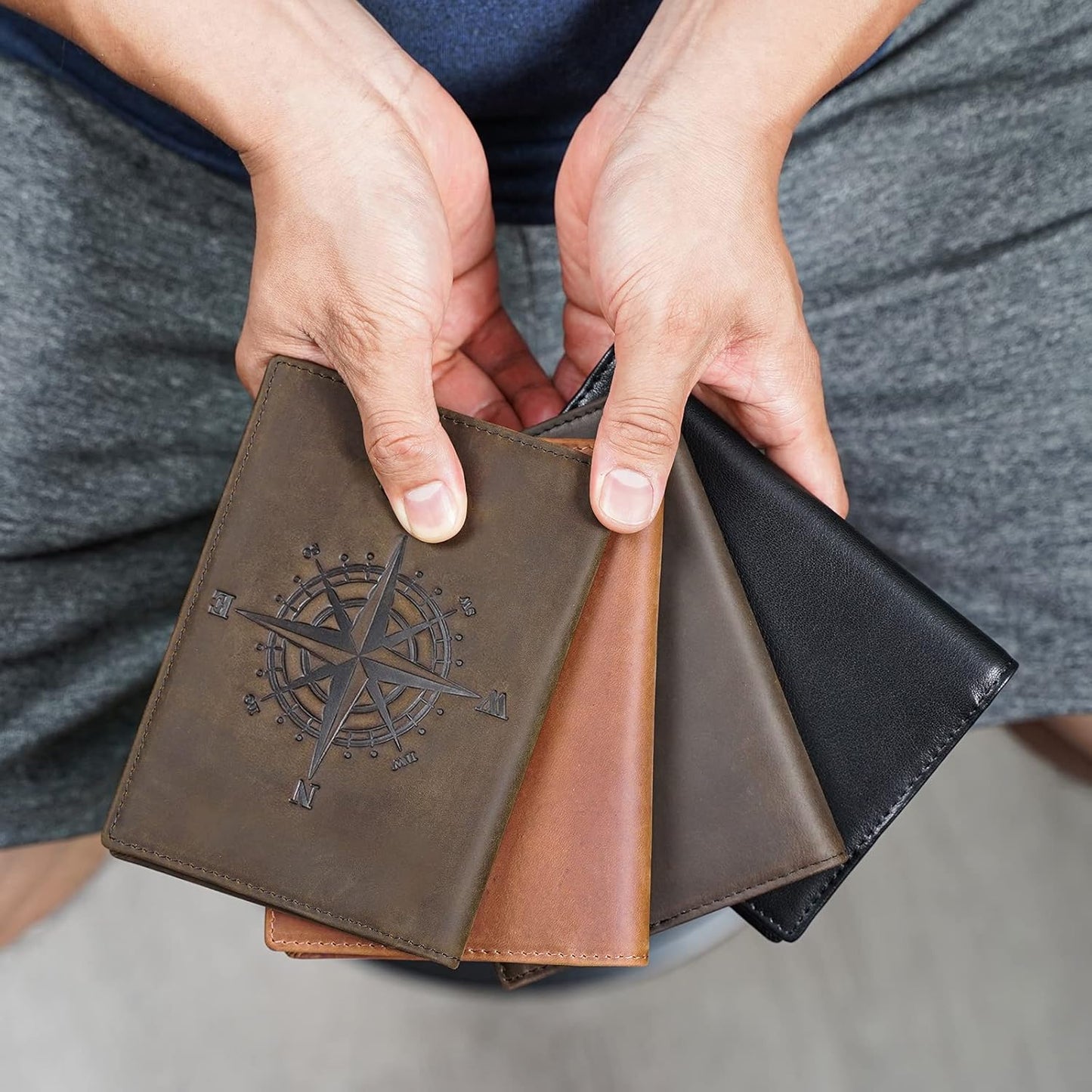 Polare Slim RFID Blocking Leather Passport Holder Travel Bifold Wallet For Men(Dark Brown Compass)
