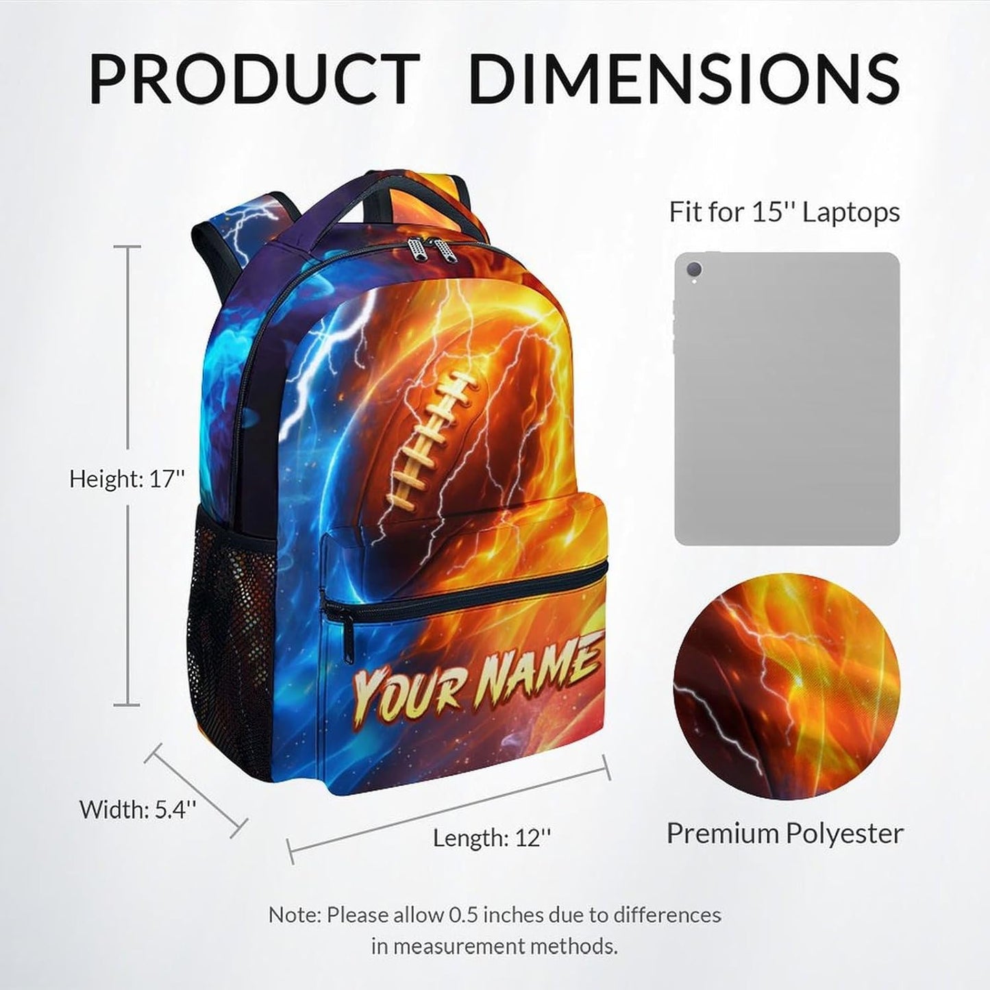 Kids Backpack, Personalized Football Backpacks for Boys, 17" Sports Bookbag for Primary, Custom Back to School Bag for Youth