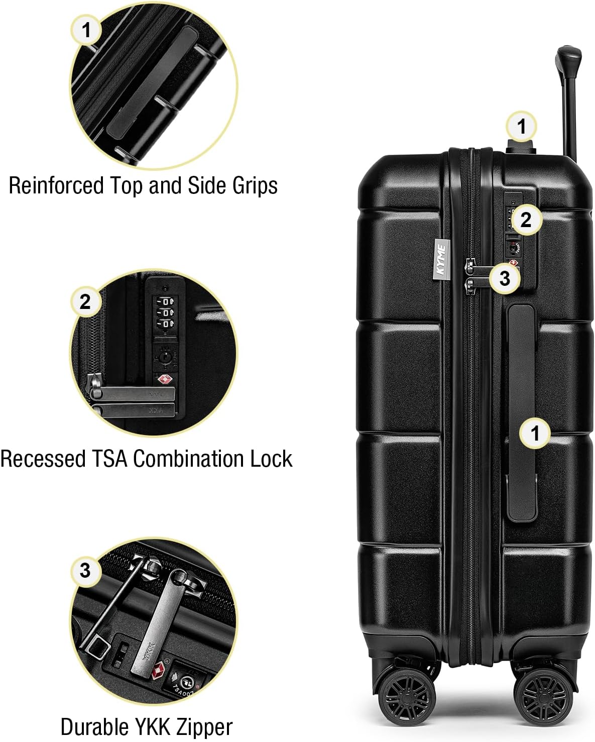 KYME 26 Inch Luggage TSA Approved Hard Shell Suitcases with Spinner Wheels Durable Medium Travel Checked Luggage with Cup Holder for Women Men Black