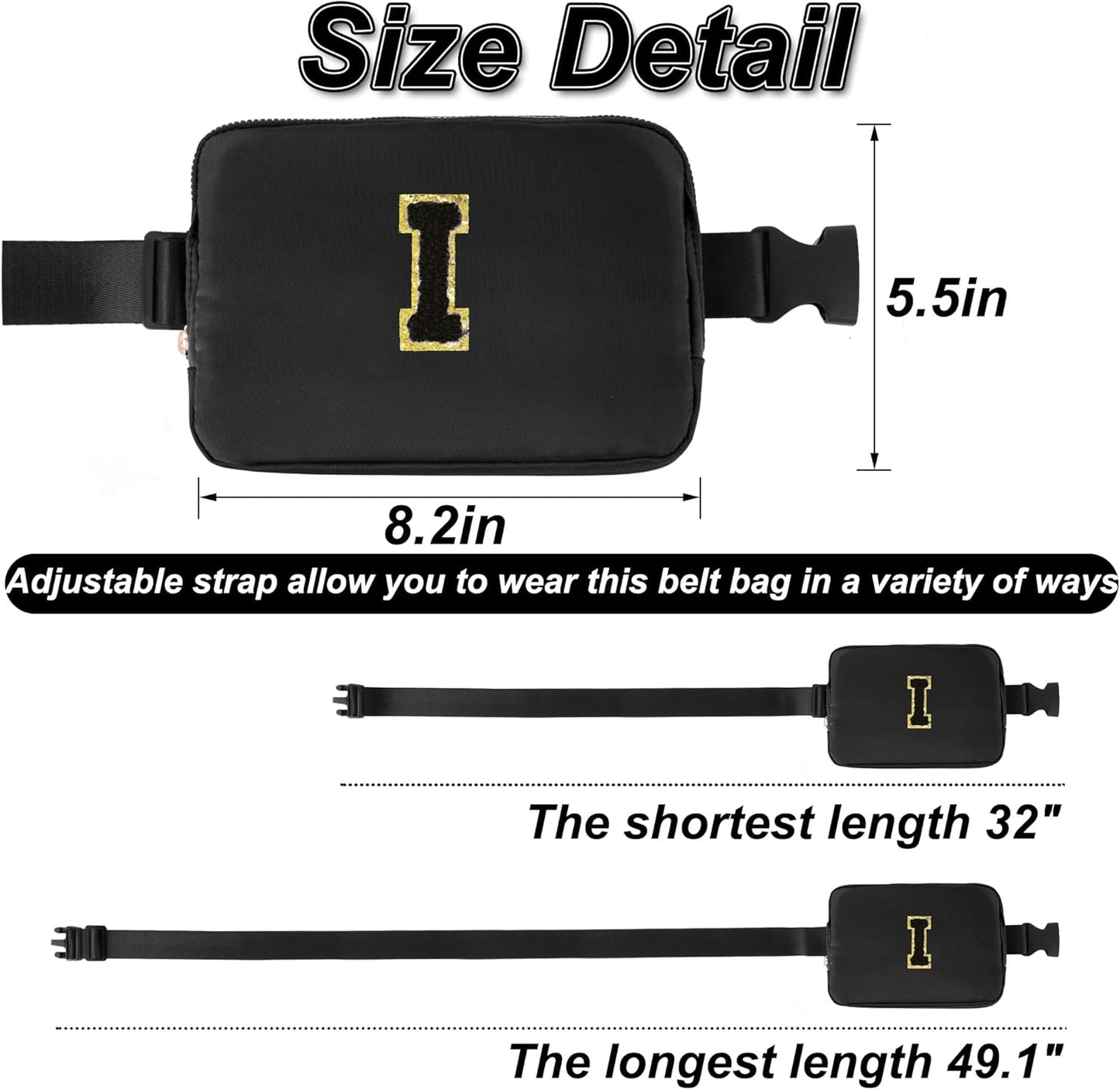 Personalized Belt Bag for Women Girls - Fashion Mini Waist Packs with Adjustable Strap - Trendy Travel Fanny Pack Crossbody Bags with Initial Letter - Teen Gifts | Black,Black I