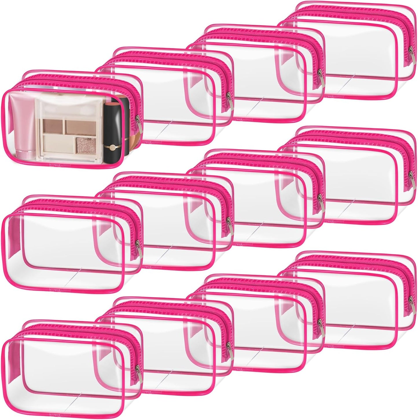 TISRATOK 12 PCS Clear Makeup Bag for Women with Zipper, TSA Approved Toiletry Pouch, Cosmetic Bag Bulk for Travel Organizer Essentials - Rose Red, Small