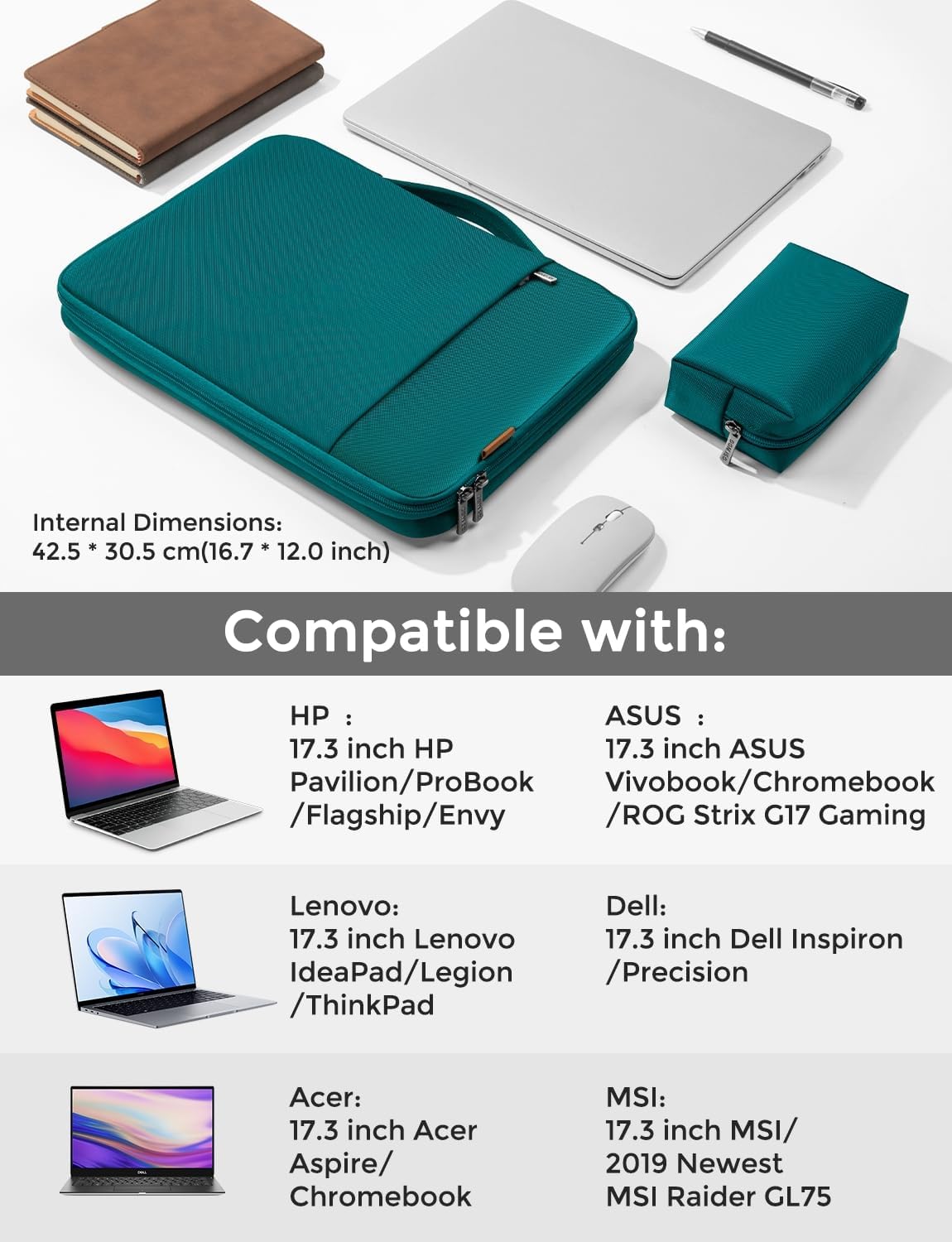 DOMISO 17.3 inch Laptop Sleeve Case Water Resistant Shockproof Protective Computer Bag for 17.3" Notebook/HP Pavilion Envy 17/Del/IdeaPad/LG Gram/MSI with Accesory Bag,Turquoise
