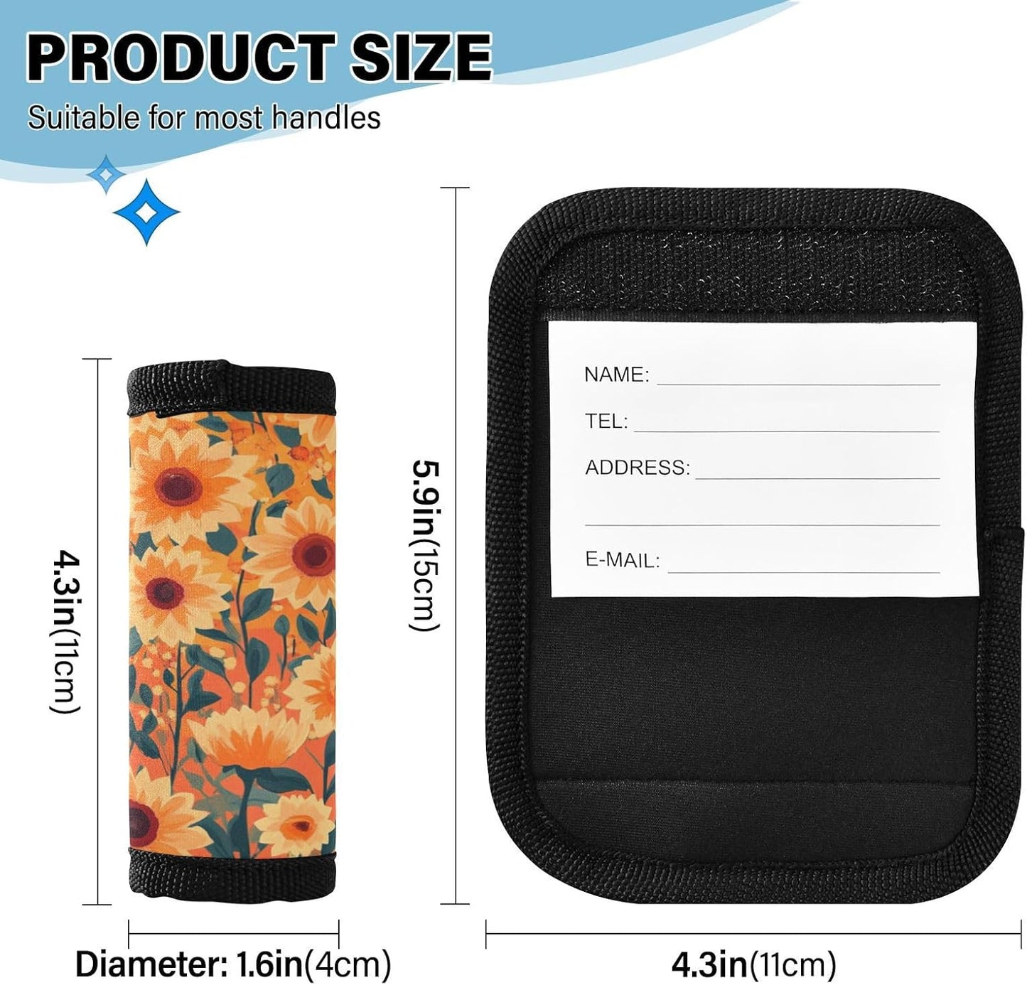 Orange Sunflowers and Poppy Flowers 2 Pack Luggage Handle Wraps Covers for Suitcase Identifiers Bag Tags Travel Accessories