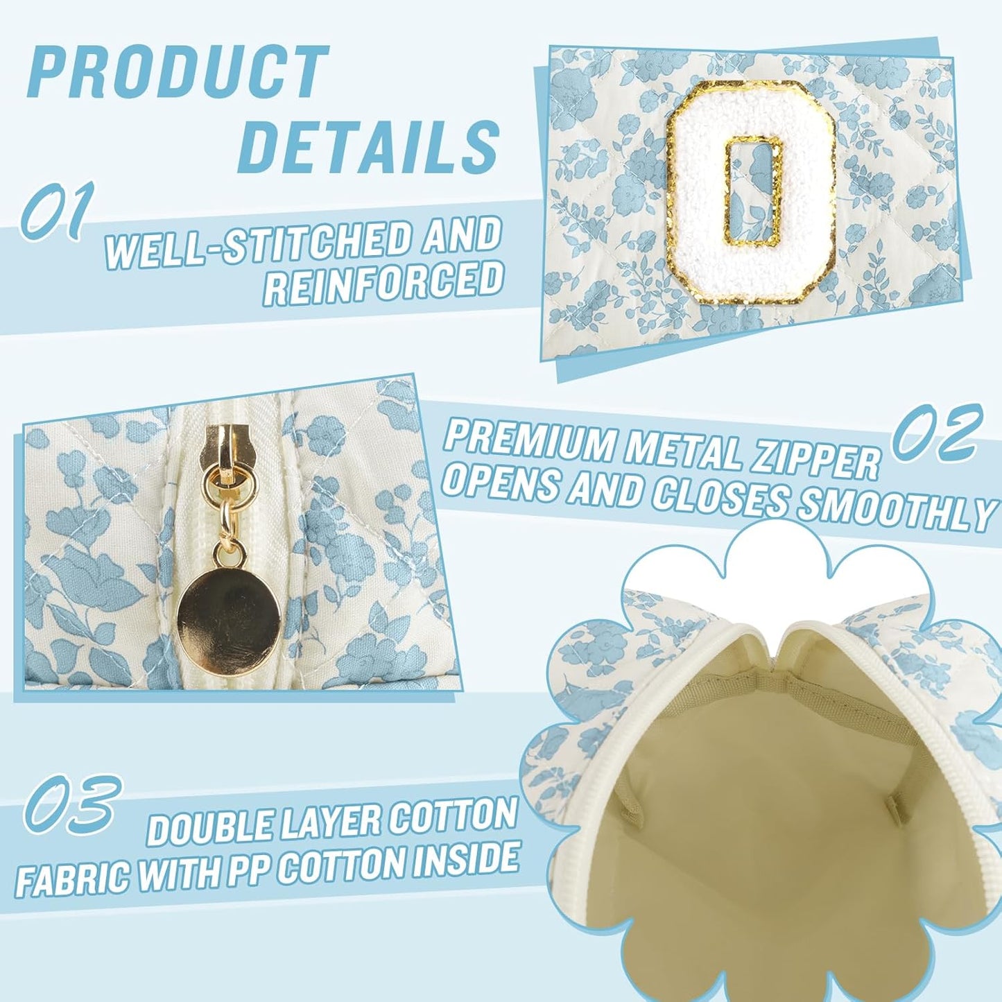 Personalized Quilted Cosmetic Bag, Puffy Monogrammed Christmas Birthday Gifts for Women & Girls, Cute initial Floral Makeup Bag Puffer Coquette Bag, Aesthetic Travel Toiletry Zipper Pouch(Blue,O)