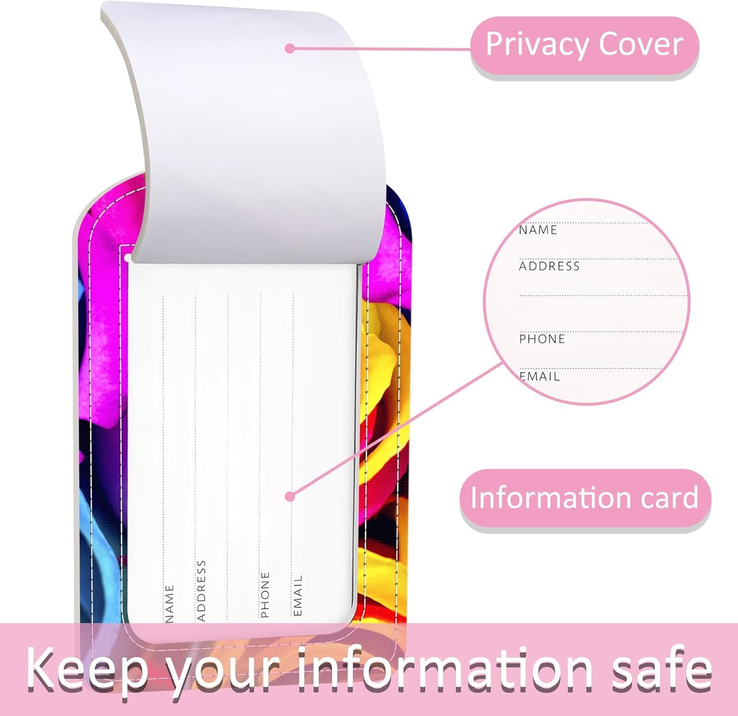 Luggage Tags for Suitcase,2 Pack Rainbow Rose Luggage Tag,PU Leather Id Label Luggage Tags with Stainless Steel Loop and Privacy Cover for Women Men Teens Travel