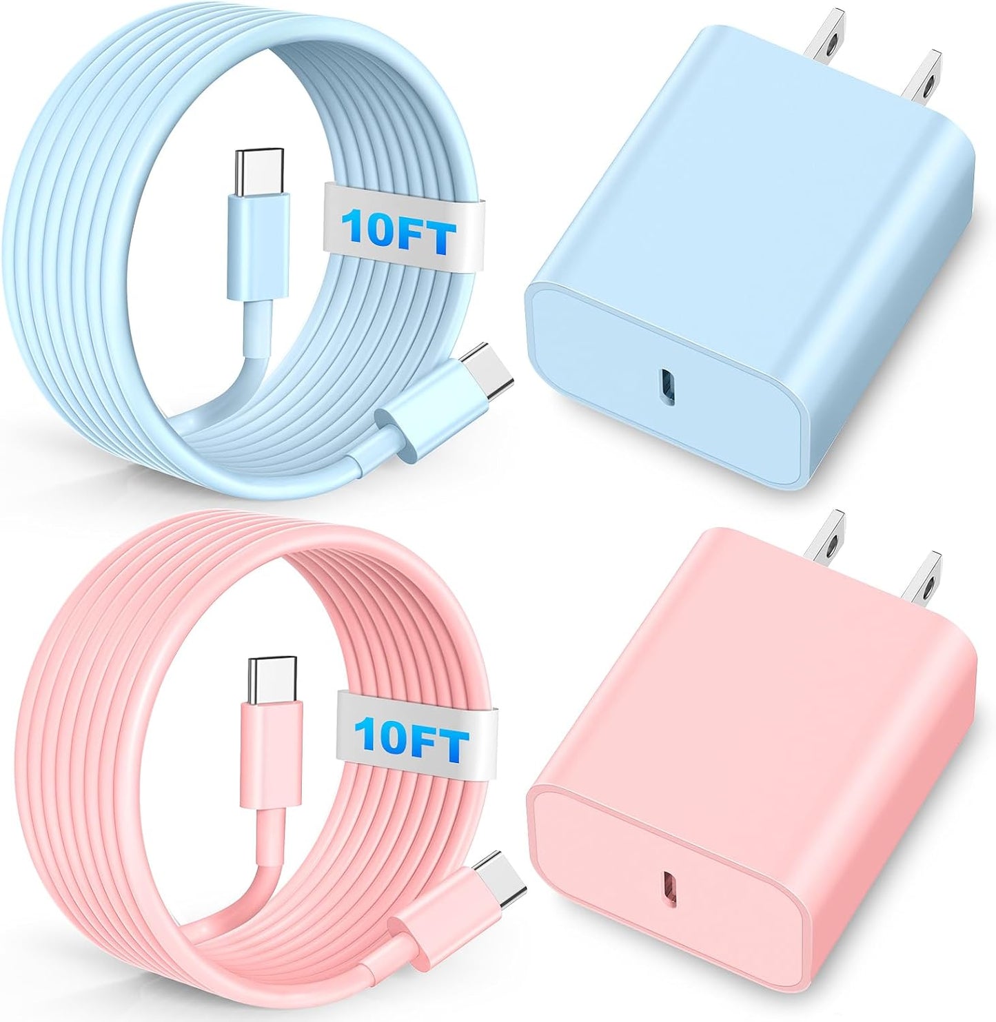 Charger Fast Charging, 20W Type C Wall Charger Block with 10FT Long USB C Charging Cable Cord for i Phone 15 16 17 Plus/Pro Max/Pro - Pink Blue