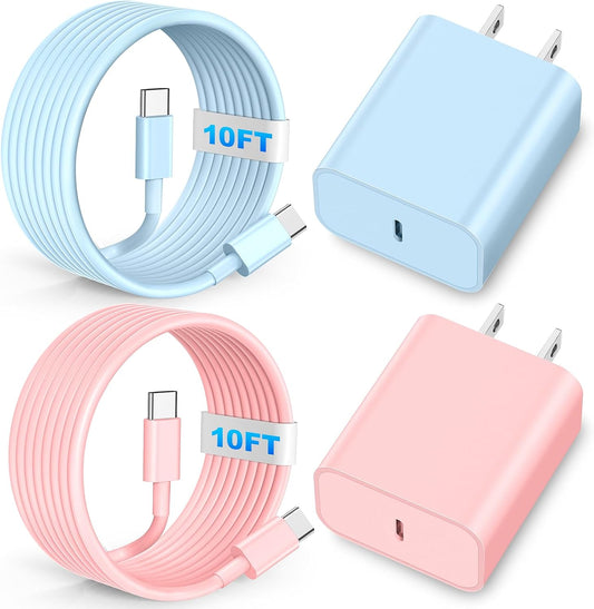 Charger Fast Charging, 20W Type C Wall Charger Block with 10FT Long USB C Charging Cable Cord for i Phone 15 16 17 Plus/Pro Max/Pro - Pink Blue