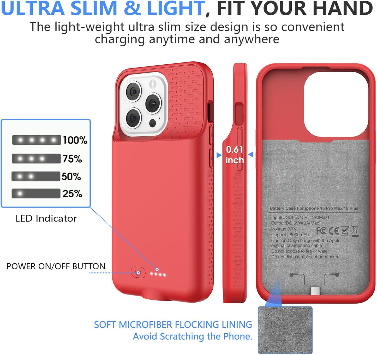 GIN FOXI Battery Case for iPhone 15 Pro Max/15 Plus, 15W Fast Charging Battery Charger Case Rechargeable Real 8000mAh Ultra-Slim Anti-Fall Protection Extended Charger for iPhone 15ProMax&15Plus(6.7")