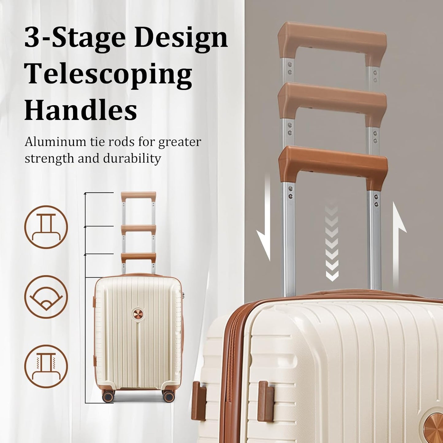 Joyway Luggage Sets 6 Piece PP Hardside Carry on Suitcase with Spinner Wheels and TSA Lock for Travel, Beige Brown