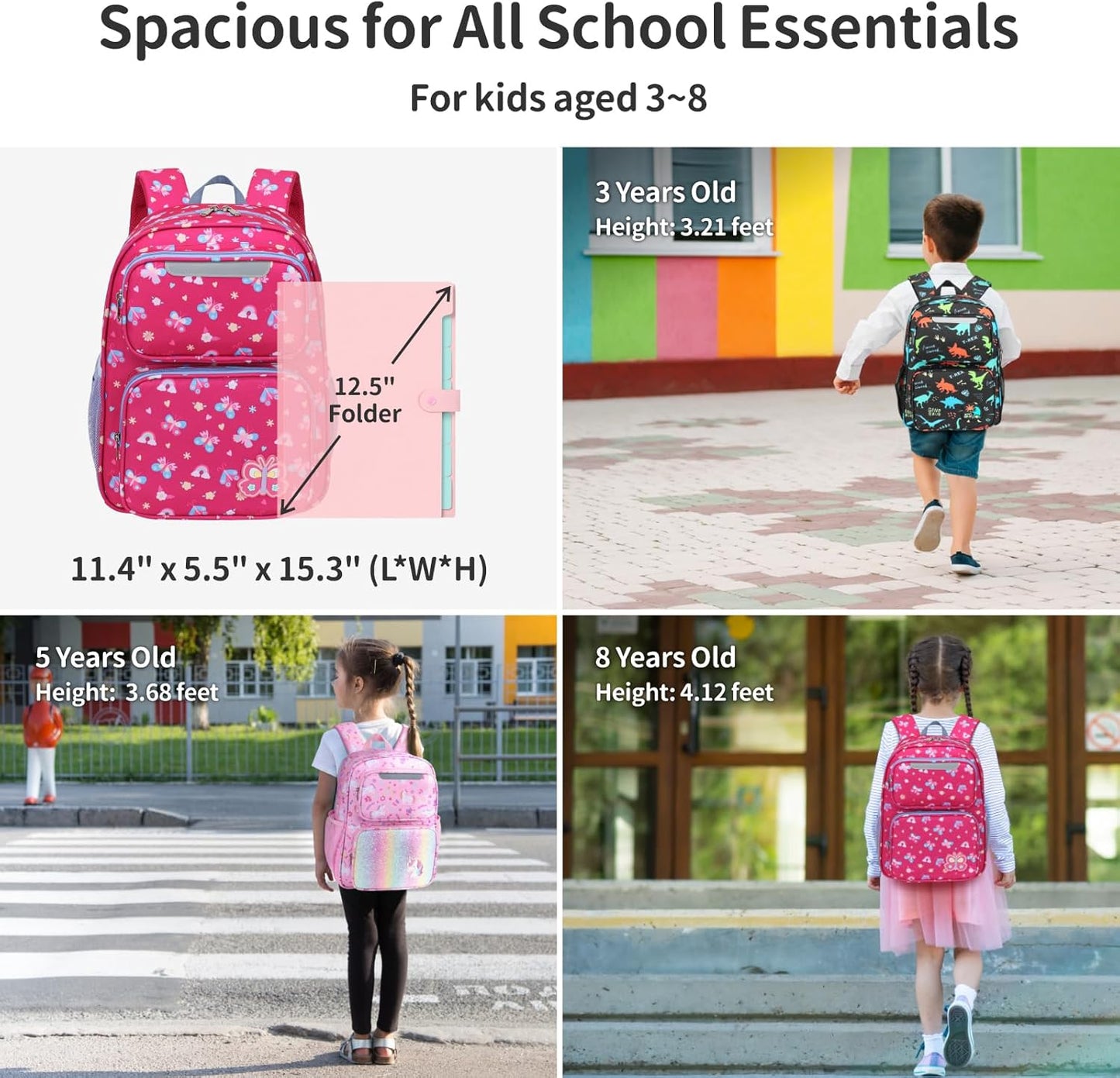 Kids Backpack for Girls - 15 Inch Backpack for Kids 3 to 8, Lightweight Bookbag for Preschool Kindergarten Elementary School, Insulated Pocket, Safe Reflective Stripe, Rose Pink Butterfly