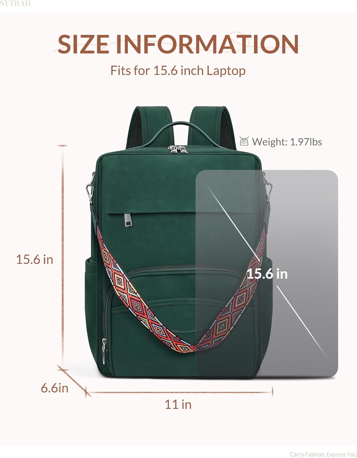 Leather Laptop Backpack, 15.6 Inch Business Computer Bag, Designer College Backpack Travel Backpack with Colorful Shoulder Bag Strap Green