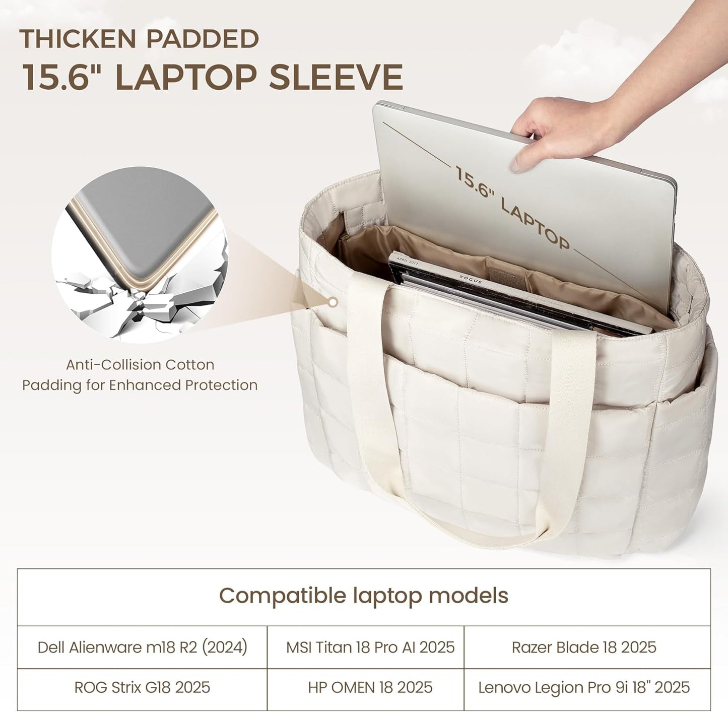 befen Laptop Tote Bag for Women Work, Travel Tote Bags Nurse Puffer Quilted Handbags, Lightweight Waterproof Beach Purse