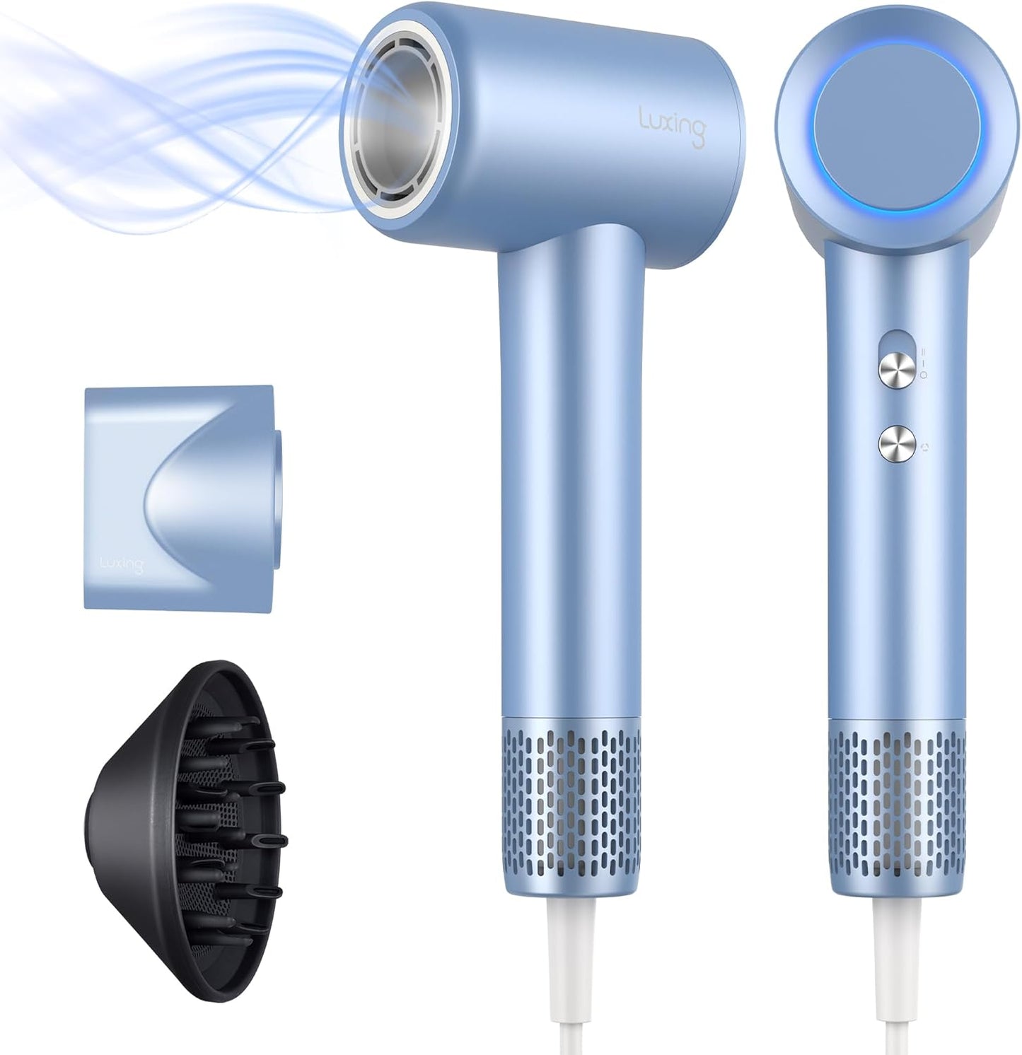 Hair Dryer, TurboLux 200 Million Negative Ionic 1500W High-Speed Blow Dryer for Fast Drying with Diffusers, Lightweight, Low-Noise Hair Dryer for Women with 110000 RPM Brushless Motor (Steel Blue)
