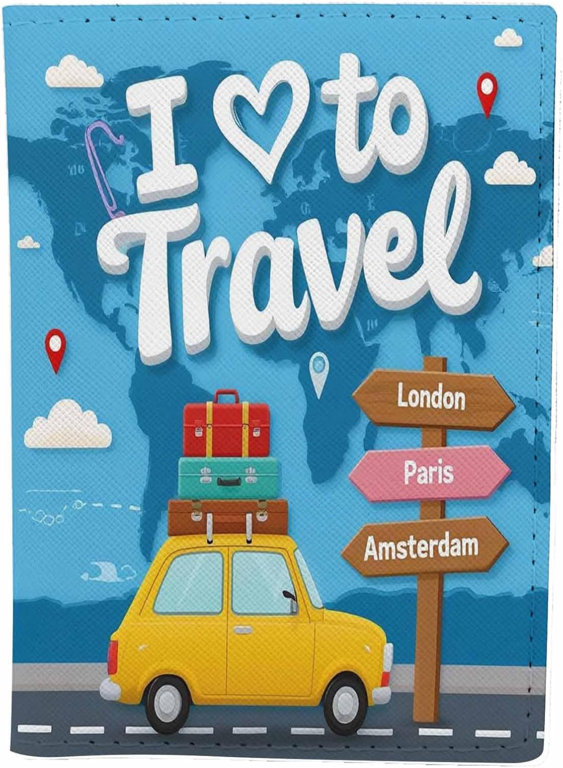 I Love to Travel Passport Holder for Travel Car Carries Luggage to Different Countries PU Leather Passport Cover Wallet Cute Passport Card Holder for Women and Men