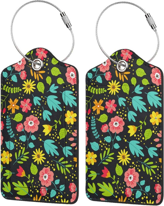 Fun Luggage Tags for Suitcases Leather Name Tag for Luggage Cute Travel Baggage Tags for Carnival Cruise Ships with Funny Patter 2pcs (Flowers)