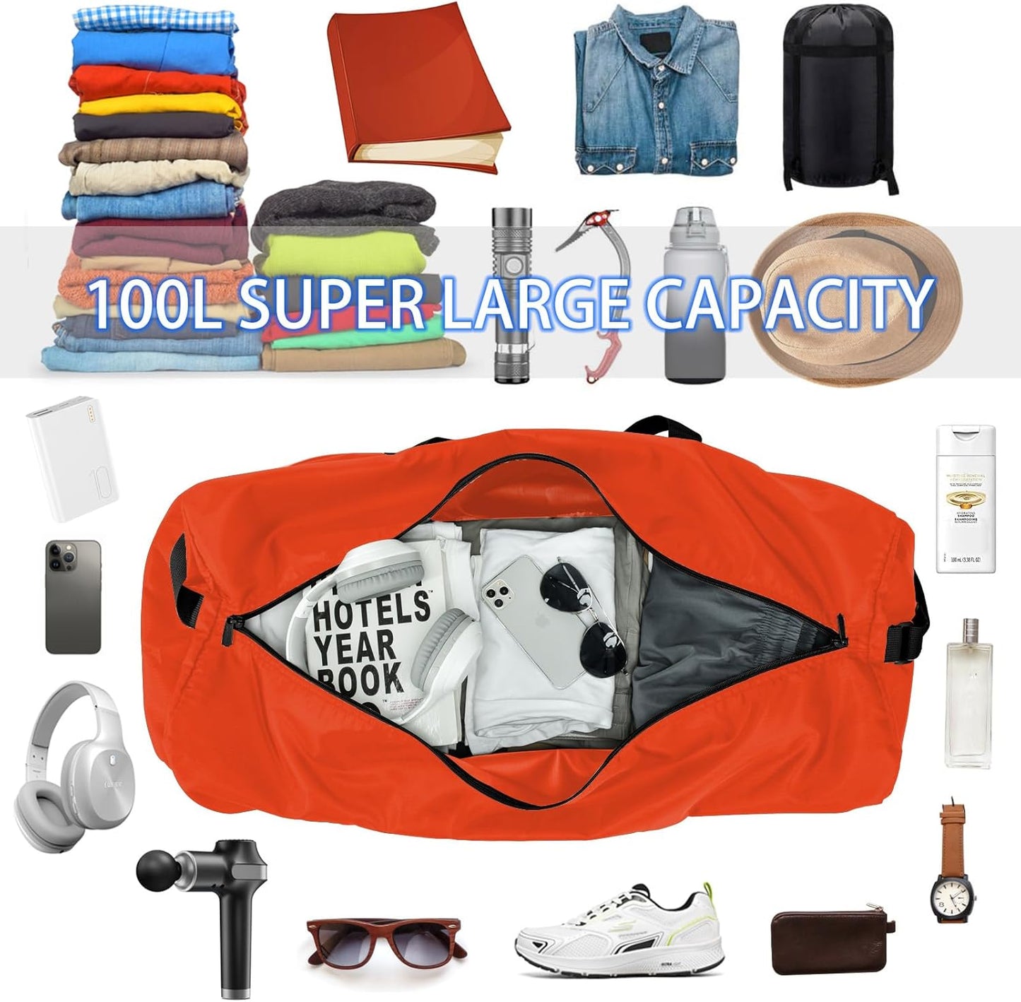 Extra Large Duffel Bag 105L Lightweight Luggage for Travel-Orange