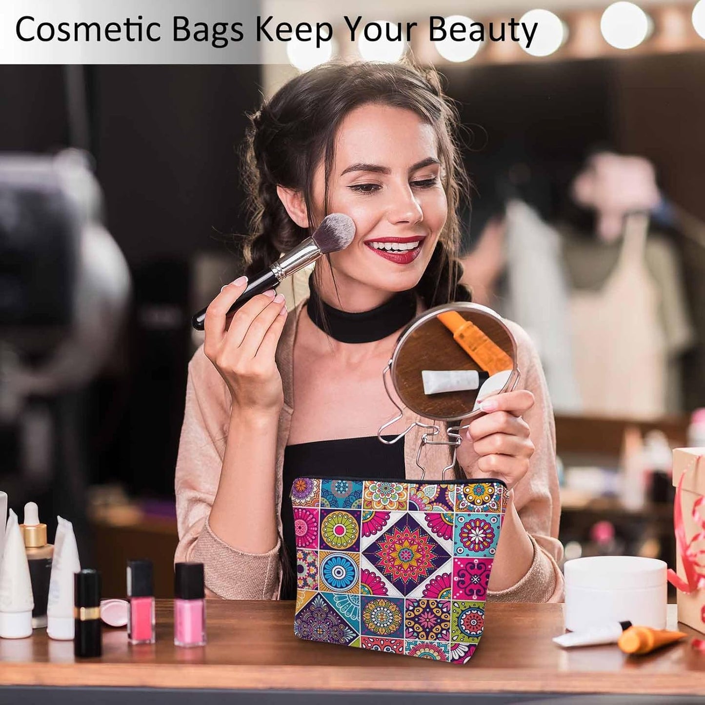 Women Makeup Organizer Bag Mandala Floral, Colorful Ethnic Mandala Flower Patchwork Flax Cosmetic Bag Makeup Bags Toiletry Bag Accessories Organizer Travel Bags For Home Bathroom Office Hotel