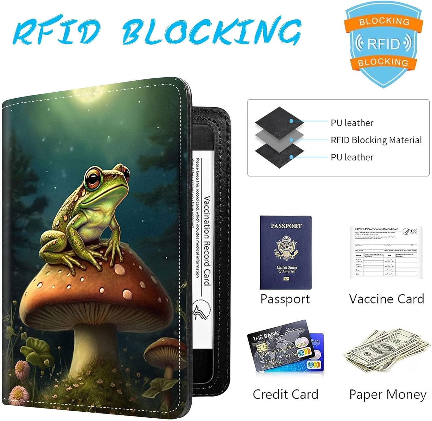 Passport Holder Cover Wallet Travel Essentials RFID Blocking Case Leather Passport Cover Wallet Vaccine Card Slot Organizer for Men Women, Frog Mushroom
